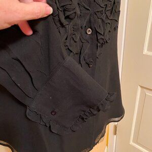Black Silk blouse, sheer sleeves, ruffled, PL